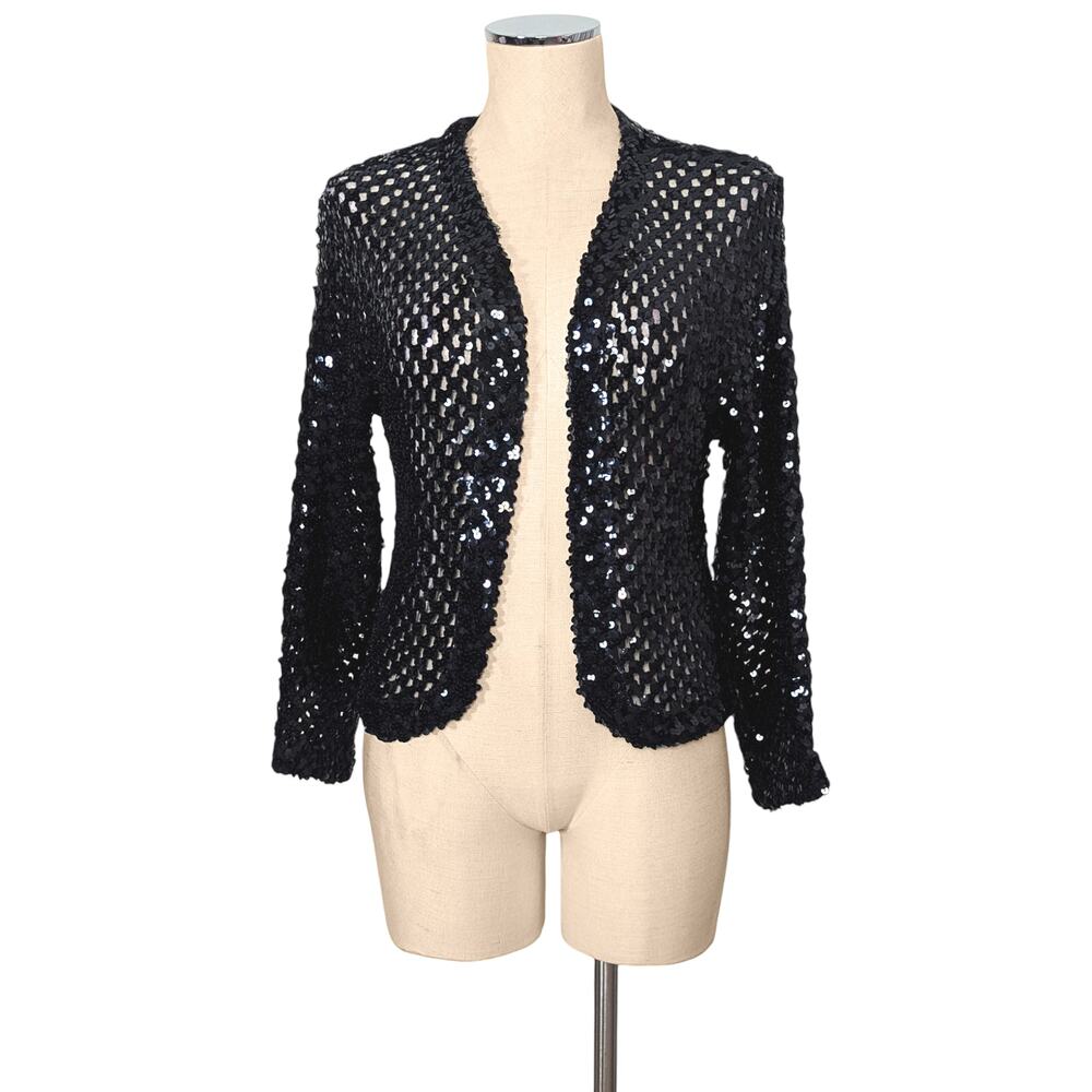 Vintage Disco TOPPETTES  A. Brod Black Sequin Knit Cardigan Sweater Top Shirt M